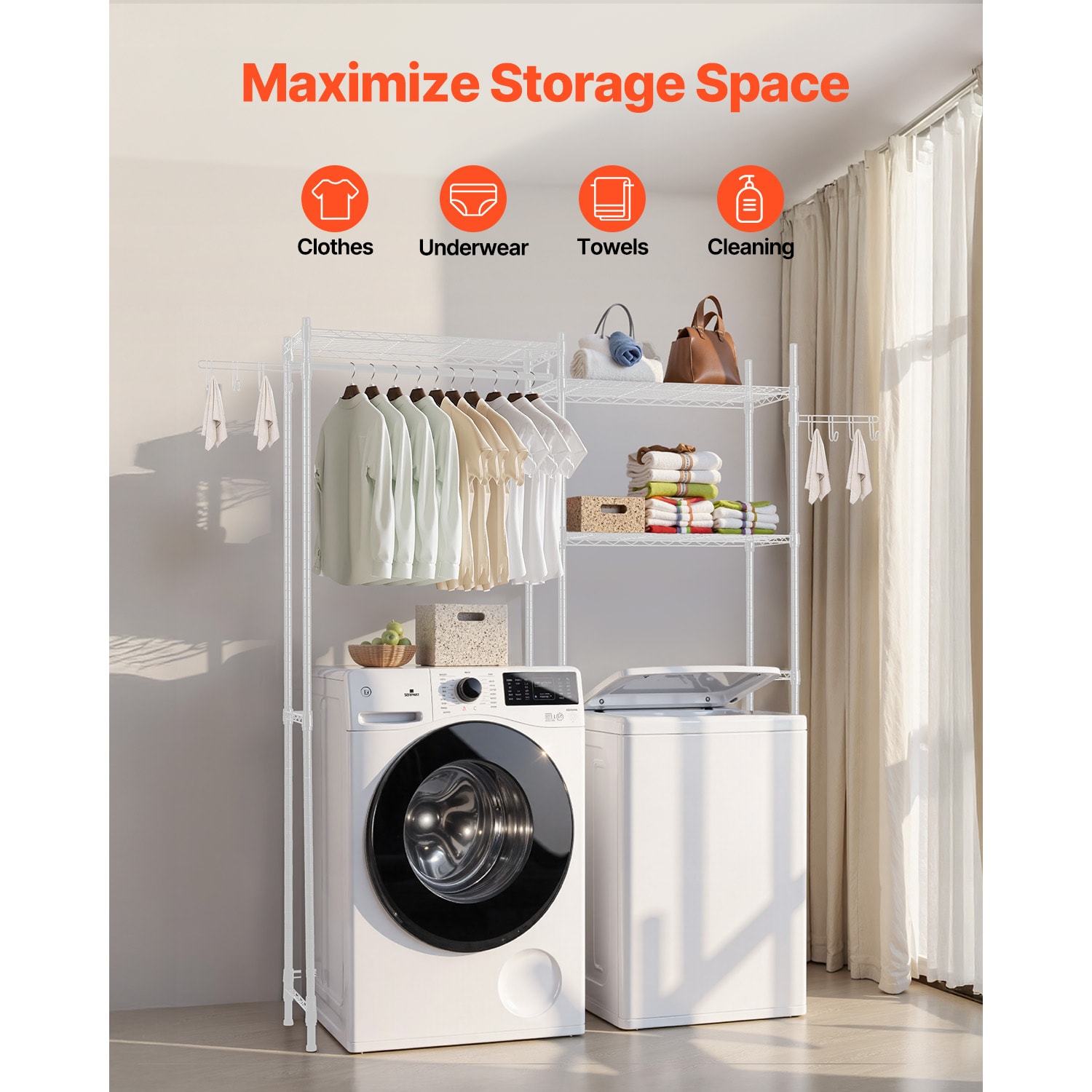 Over The Washer And Dryer Storage Shelf With Hanger Rod And Hooks_voghion.com